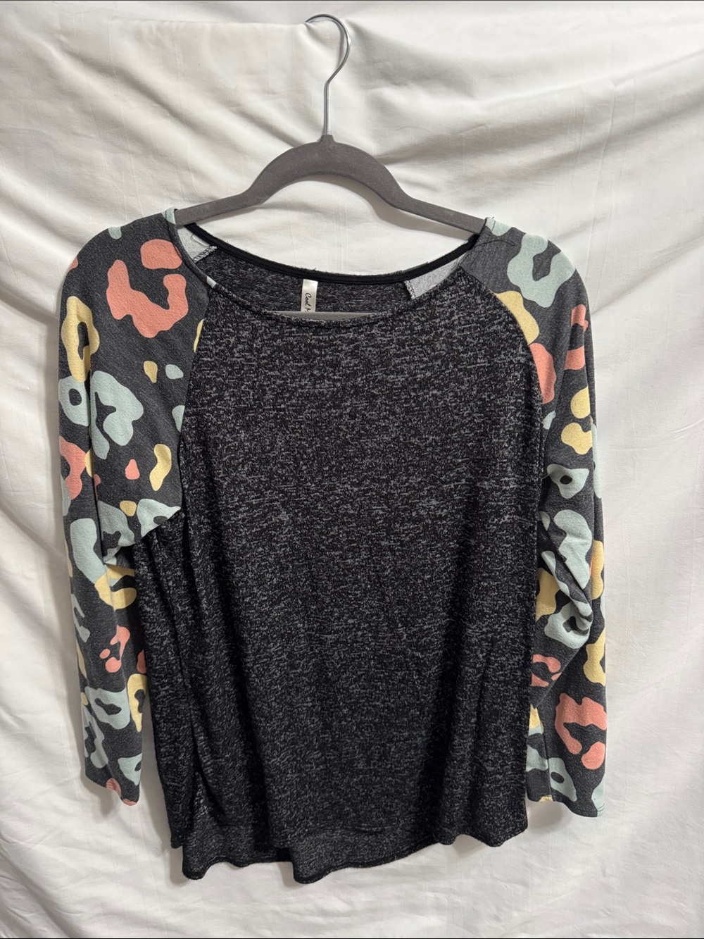 Women's Charcoal Raglan Long Sleeve Top with Pastel Patterned Sleeves